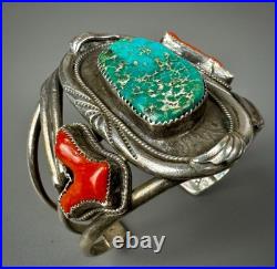 HUGE Vintage OLD Navajo Sterling Silver Turquoise & Coral Branch Cuff Bracelet