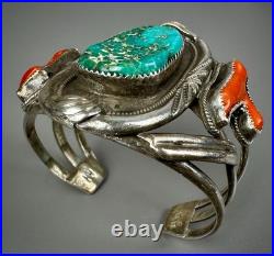 HUGE Vintage OLD Navajo Sterling Silver Turquoise & Coral Branch Cuff Bracelet