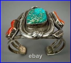 HUGE Vintage OLD Navajo Sterling Silver Turquoise & Coral Branch Cuff Bracelet