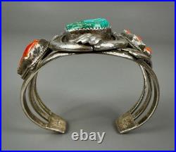 HUGE Vintage OLD Navajo Sterling Silver Turquoise & Coral Branch Cuff Bracelet