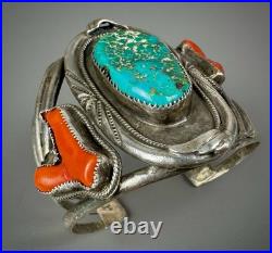 HUGE Vintage OLD Navajo Sterling Silver Turquoise & Coral Branch Cuff Bracelet