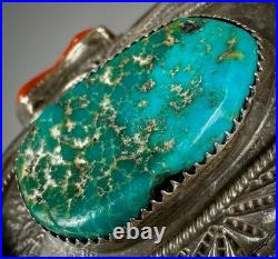 HUGE Vintage OLD Navajo Sterling Silver Turquoise & Coral Branch Cuff Bracelet