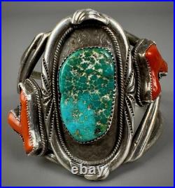 HUGE Vintage OLD Navajo Sterling Silver Turquoise & Coral Branch Cuff Bracelet