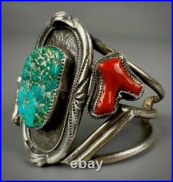 HUGE Vintage OLD Navajo Sterling Silver Turquoise & Coral Branch Cuff Bracelet