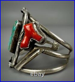 HUGE Vintage OLD Navajo Sterling Silver Turquoise & Coral Branch Cuff Bracelet