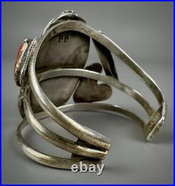 HUGE Vintage OLD Navajo Sterling Silver Turquoise & Coral Branch Cuff Bracelet