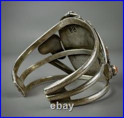 HUGE Vintage OLD Navajo Sterling Silver Turquoise & Coral Branch Cuff Bracelet