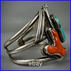 HUGE Vintage OLD Navajo Sterling Silver Turquoise & Coral Branch Cuff Bracelet