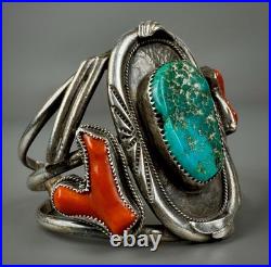 HUGE Vintage OLD Navajo Sterling Silver Turquoise & Coral Branch Cuff Bracelet