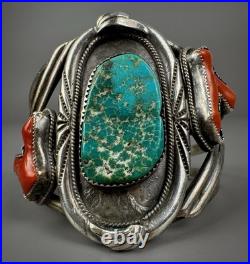 HUGE Vintage OLD Navajo Sterling Silver Turquoise & Coral Branch Cuff Bracelet