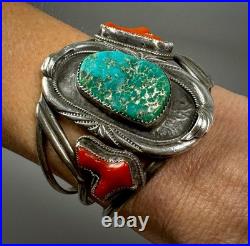 HUGE Vintage OLD Navajo Sterling Silver Turquoise & Coral Branch Cuff Bracelet