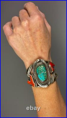 HUGE Vintage OLD Navajo Sterling Silver Turquoise & Coral Branch Cuff Bracelet