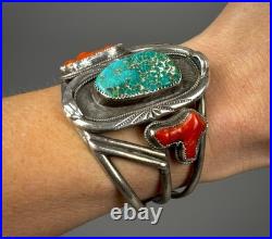 HUGE Vintage OLD Navajo Sterling Silver Turquoise & Coral Branch Cuff Bracelet