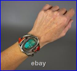 HUGE Vintage OLD Navajo Sterling Silver Turquoise & Coral Branch Cuff Bracelet