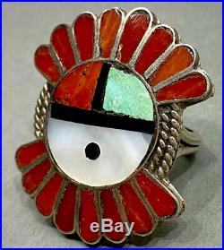 HUGE Vintage ZUNI Native American Sterling Silver Coral & Turquoise Inlay Ring