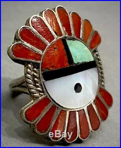 HUGE Vintage ZUNI Native American Sterling Silver Coral & Turquoise Inlay Ring