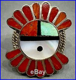 HUGE Vintage ZUNI Native American Sterling Silver Coral & Turquoise Inlay Ring