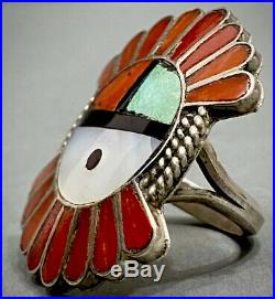 HUGE Vintage ZUNI Native American Sterling Silver Coral & Turquoise Inlay Ring