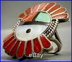 HUGE Vintage ZUNI Native American Sterling Silver Coral & Turquoise Inlay Ring