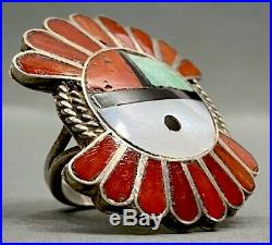 HUGE Vintage ZUNI Native American Sterling Silver Coral & Turquoise Inlay Ring