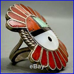 HUGE Vintage ZUNI Native American Sterling Silver Coral & Turquoise Inlay Ring