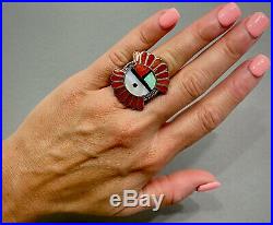 HUGE Vintage ZUNI Native American Sterling Silver Coral & Turquoise Inlay Ring