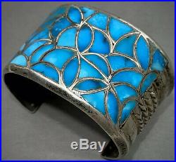 HUGE Vintage ZUNI Native American Sterling Silver Turquoise Inlay Cuff Bracelet