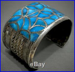 HUGE Vintage ZUNI Native American Sterling Silver Turquoise Inlay Cuff Bracelet