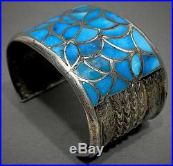 HUGE Vintage ZUNI Native American Sterling Silver Turquoise Inlay Cuff Bracelet