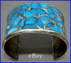 HUGE Vintage ZUNI Native American Sterling Silver Turquoise Inlay Cuff Bracelet