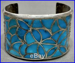 HUGE Vintage ZUNI Native American Sterling Silver Turquoise Inlay Cuff Bracelet