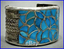 HUGE Vintage ZUNI Native American Sterling Silver Turquoise Inlay Cuff Bracelet