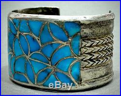 HUGE Vintage ZUNI Native American Sterling Silver Turquoise Inlay Cuff Bracelet