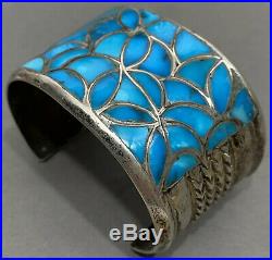 HUGE Vintage ZUNI Native American Sterling Silver Turquoise Inlay Cuff Bracelet