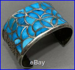 HUGE Vintage ZUNI Native American Sterling Silver Turquoise Inlay Cuff Bracelet