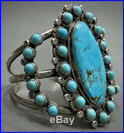 HUGE Vintage Zuni Carico Lake Turquoise Sterling Silver Cluster Cuff Bracelet