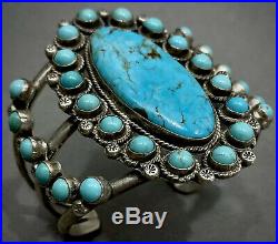 HUGE Vintage Zuni Carico Lake Turquoise Sterling Silver Cluster Cuff Bracelet