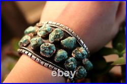 HUGE vintage sterling silver & TURQUOISE nugget cuff bracelet Navajo signed