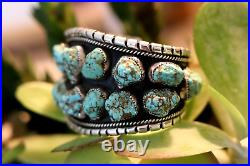 HUGE vintage sterling silver & TURQUOISE nugget cuff bracelet Navajo signed