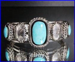 Hallmarked Vintage Navajo Native American Three Stone Turquoise Cuff Bracelet