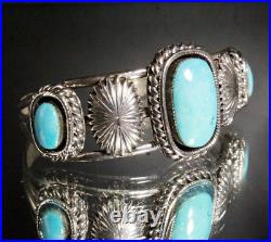 Hallmarked Vintage Navajo Native American Three Stone Turquoise Cuff Bracelet