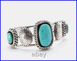 Hallmarked Vintage Navajo Native American Three Stone Turquoise Cuff Bracelet