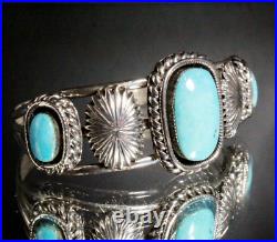 Hallmarked Vintage Navajo Native American Three Stone Turquoise Cuff Bracelet