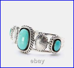 Hallmarked Vintage Navajo Native American Three Stone Turquoise Cuff Bracelet