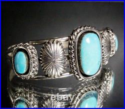 Hallmarked Vintage Navajo Native American Three Stone Turquoise Cuff Bracelet