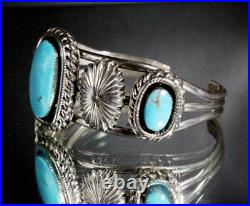 Hallmarked Vintage Navajo Native American Three Stone Turquoise Cuff Bracelet