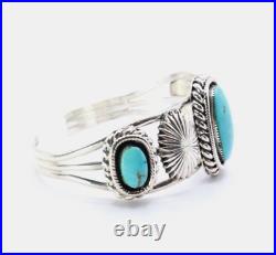 Hallmarked Vintage Navajo Native American Three Stone Turquoise Cuff Bracelet