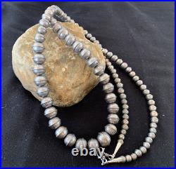 Hand Stamped Bench Navajo Pearls Graduated Sterling Silver Bead Necklace 24