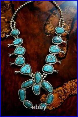 Heavy 365 g. Vintage MORENCI Turquoise Squash Blossom Sterling Silver Necklace