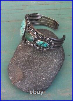 Heavy Old Pawn Vintage Sterling Silver Blue Green Turquoise Row Cuff Bracelet